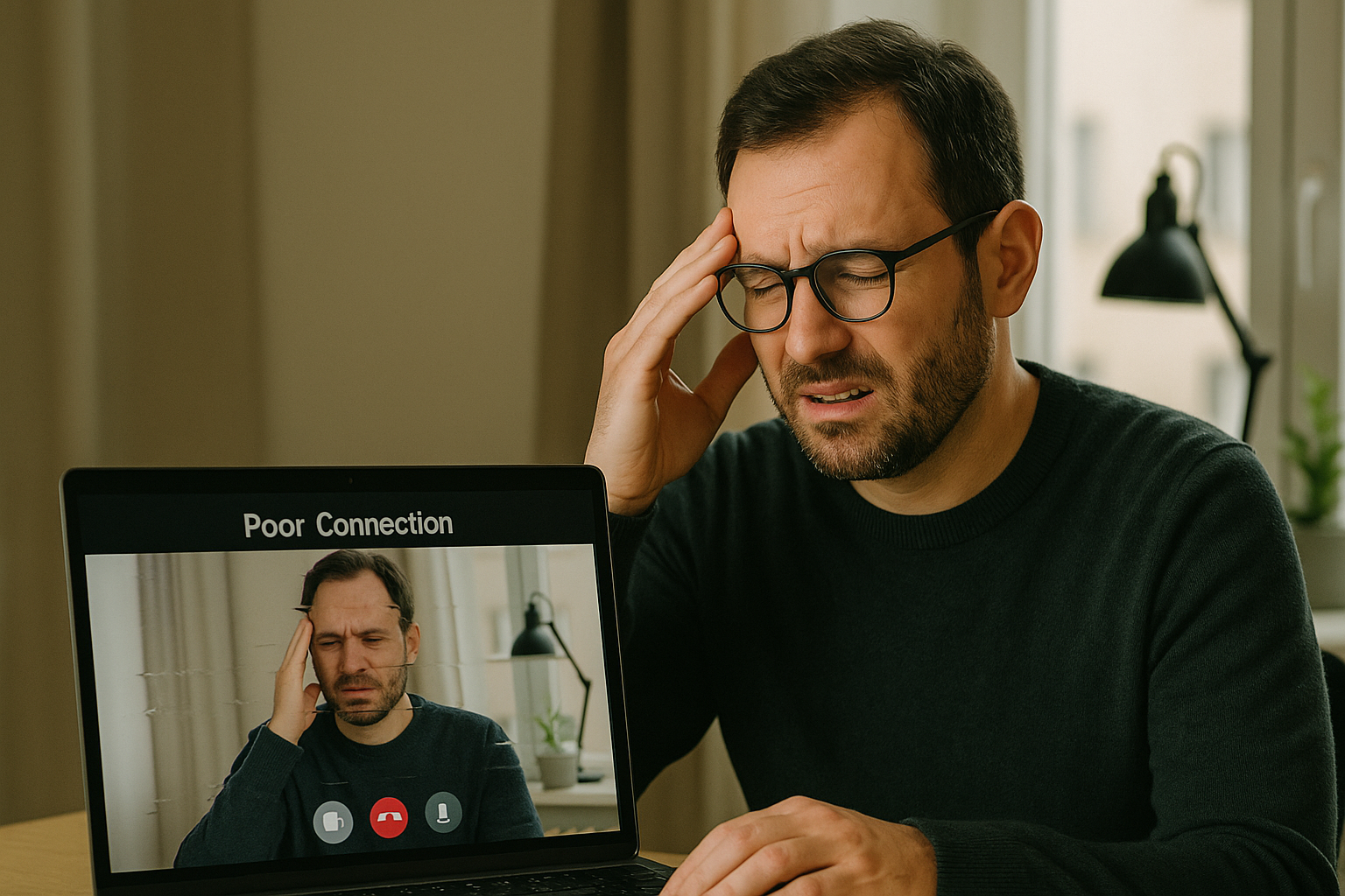 Remote worker frustrated with poor internet connection during video call